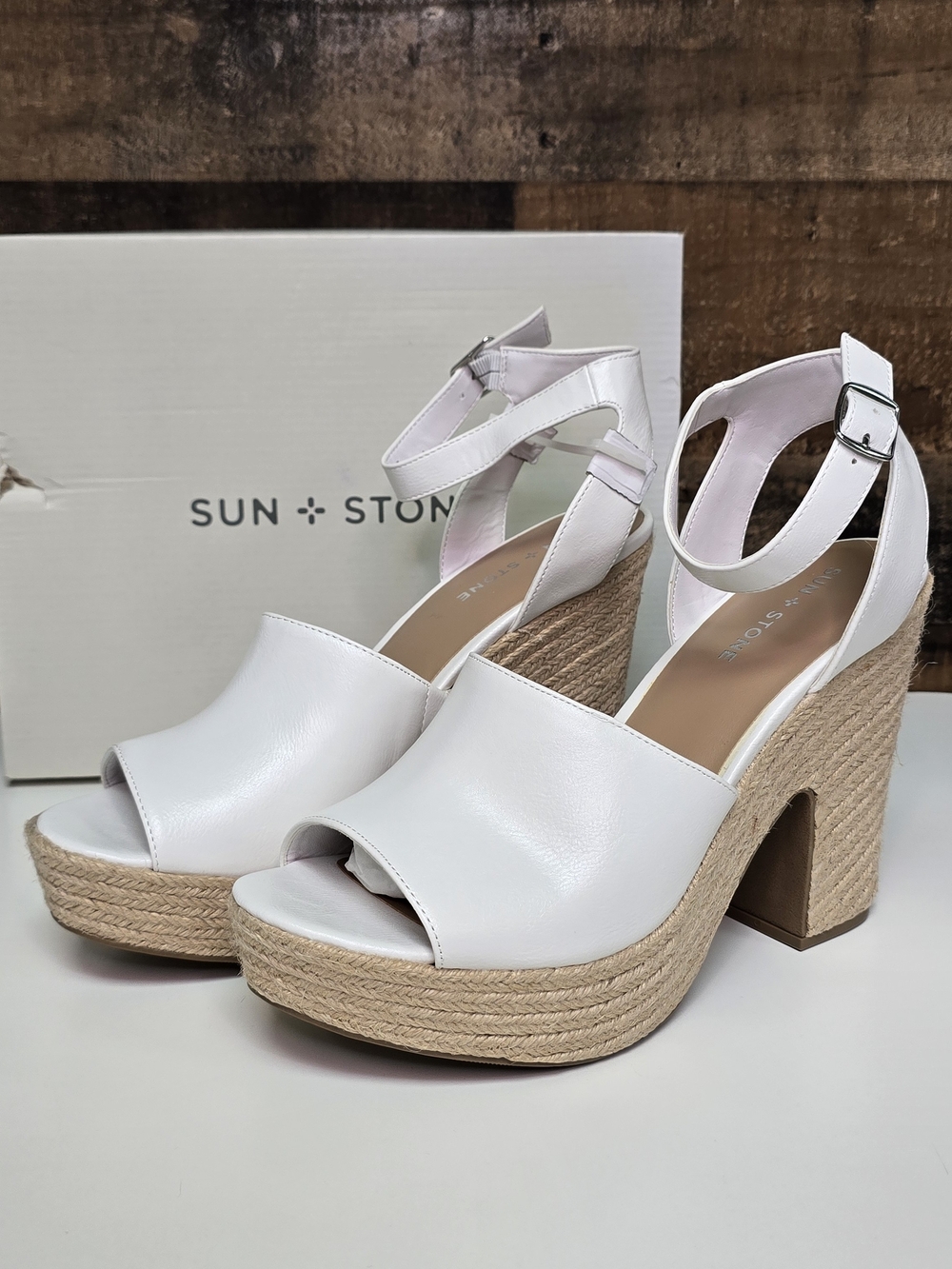 Sun + Stone White Peep-Toe Espadrille Platform Heels